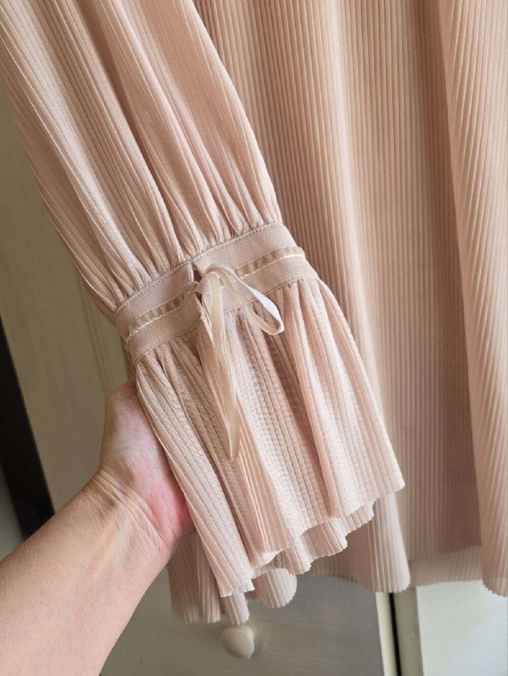 Women’s Pleated Jewel-Neck Blouse in Cream - Picture 5 of 5